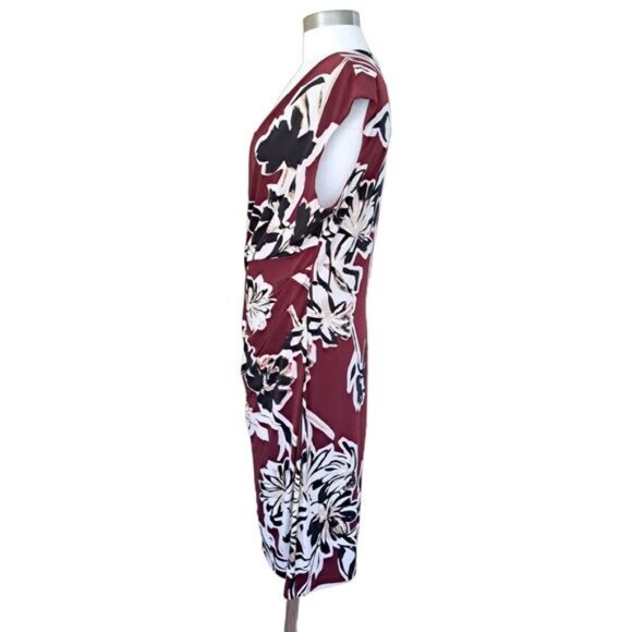 LAUREN Ralph Lauren Burgundy Floral Jersey Draped Sheath Dress Size 16 - Picture 2 of 7